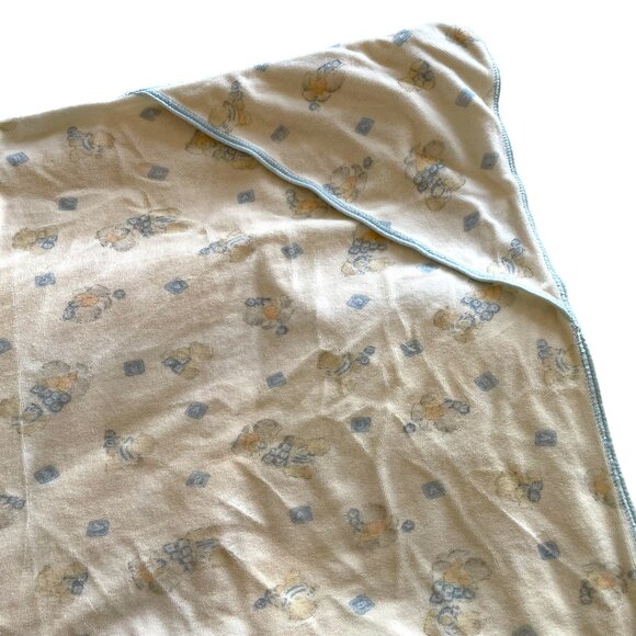 Vintage 90s Carters Baby Blanket W/ Hood Kittens Teddy Bears White Blue Square - Picture 1 of 6